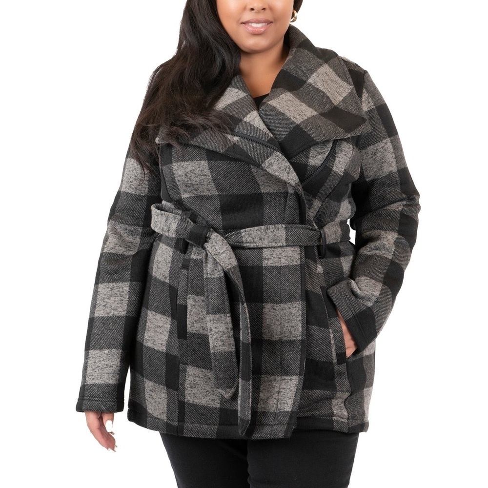 Coffee Shop New York Black & Gray Plaid lined wrap jacket. Size 2XL